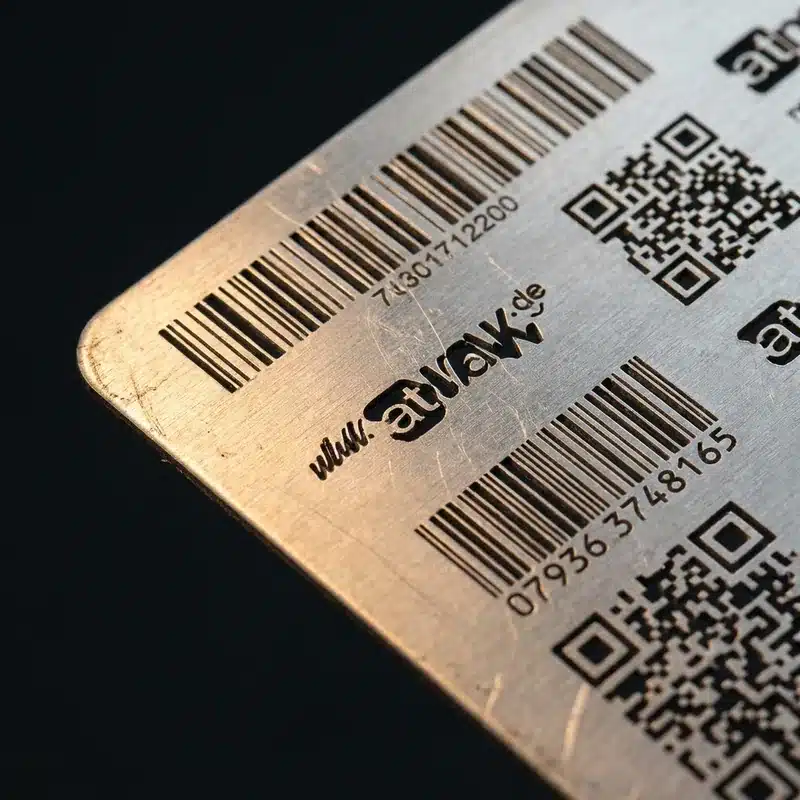 Barcode, QR code and data matrix electrochemically marked on a stainless steel plate